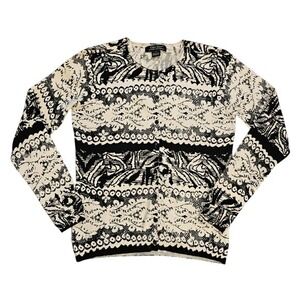 C'est City August Silk Black White Abstract Lace Print Button Front Cardigan S